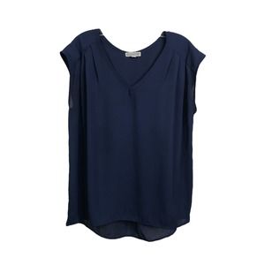 Pleione Women's Blouse Sleeveless Navy Blue Pleated V-Neck Sz S